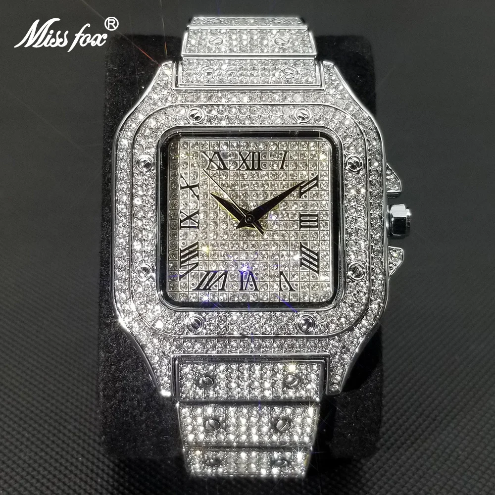 MISSFOX-reloj cuadrado Ice Out para hombre, cronógrafo de lujo con diamantes completos, ultradelgado, resistente al agua, estilo Hip Hop, envío