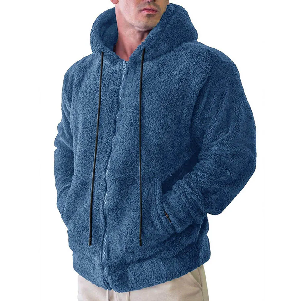 Winter Men Fleece Cardigan Hooded Fluffy Zipper Jacket Warm Streetwear Drawstring Hoodies Fuzzy Sherpa Sweater