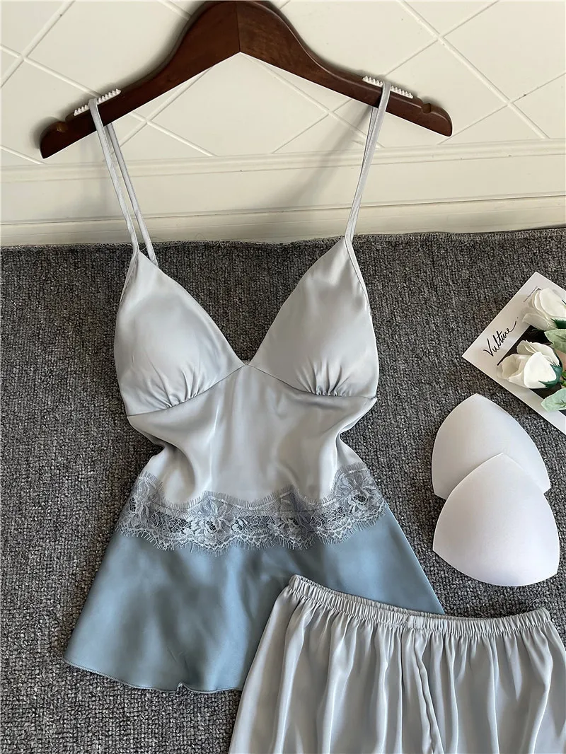 2PCS Sleepwear Sexy Satin Pajamas Set Women Sleeveless Lace Strap Top&Shorts Suit Summer Intimate Lingerie Loose Home Clothes