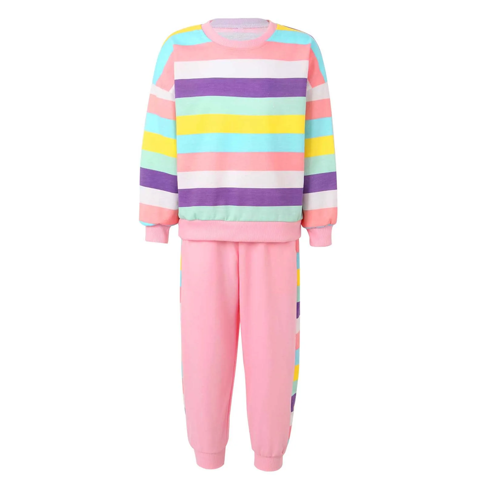 

Kids Soft Rainbow Striped Tracksuit Long Sleeve Sweatshirts with Pants 2Pcs Clothes Set for Baby Girls Children Outfit Clothing