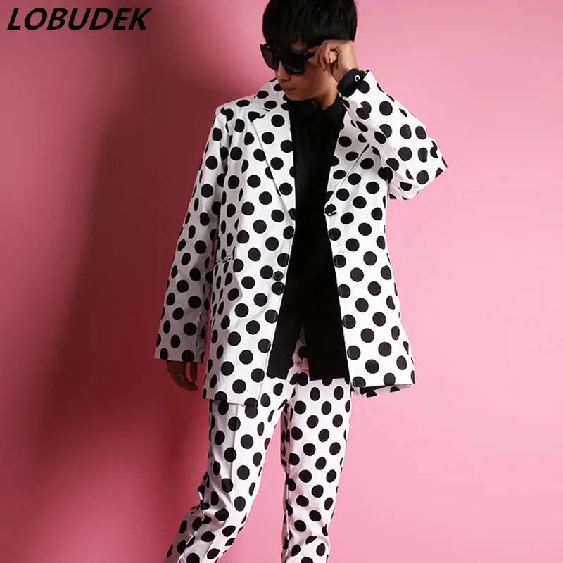 

Black White Dots Blazer Pants Outfits Men's Singer Dancer Nightclub Bar Stage Performance Dance Costume Punk Style 2 Piece Set