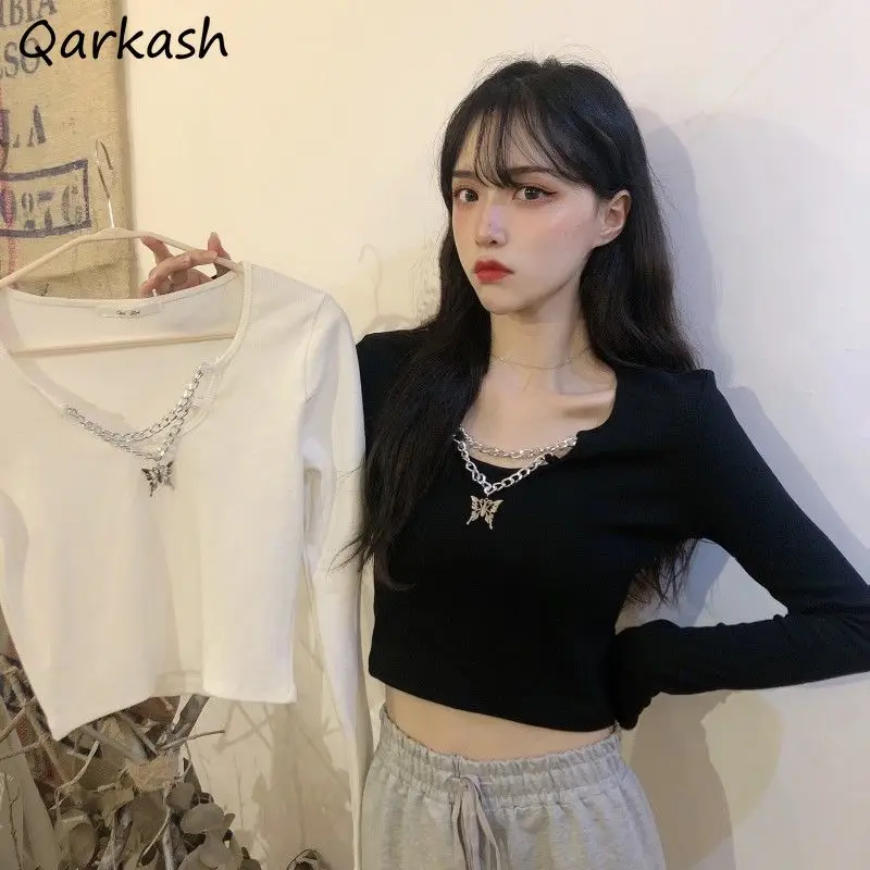 T-shirts Women Pure Color Korean Popular Female Summer Long Sleeve Slim Simple Student High Street Crops Chain Design Fashion