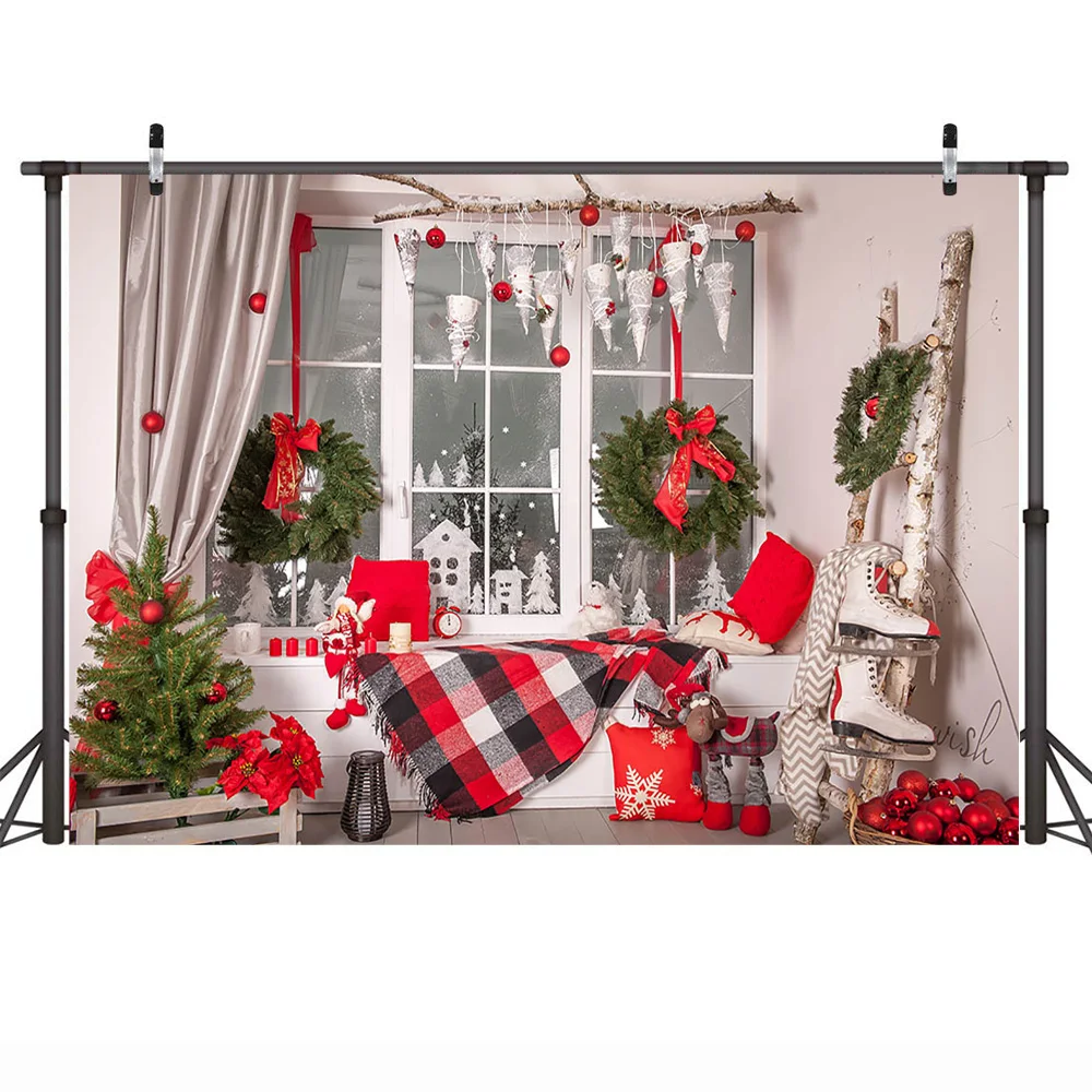 ธีมสีแดงคริสต์มาสอุปกรณ์การถ่ายภาพ Props ระฆังหน้าต่างต้นคริสต์มาสพื้นหลังพวงหรีดสีเขียวของเล่นฤดูหนาววันเกิด Party