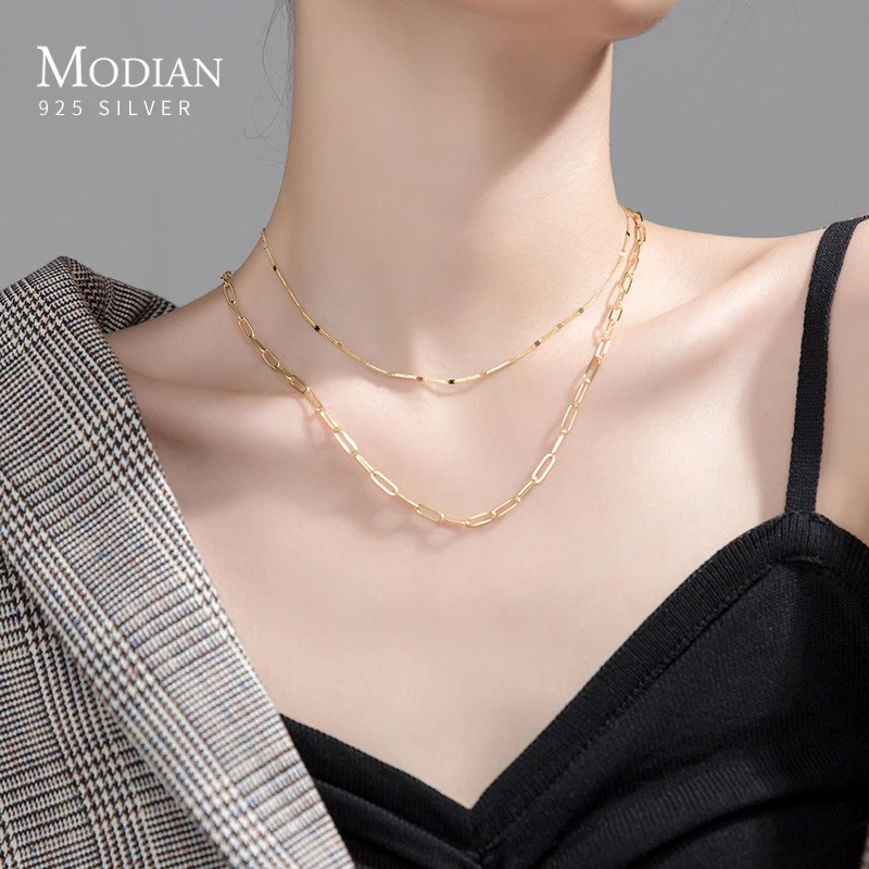 Modian Classic Fashion 925 Sterling Silver Double Layer Geometric Link Chain Necklace for Women Party Fine Jewelry Accessories