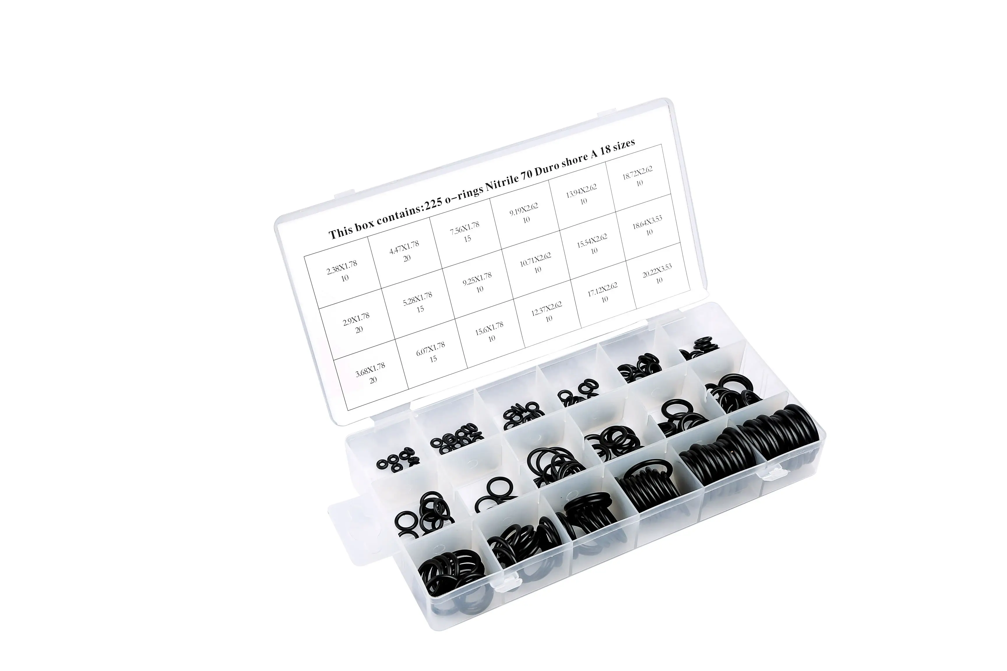 18 Sizes =225pcs  O-Ring Assortment Kit AS-568 INCH O Ring Seals Watertightness Rubber Gaskets Black Washer Kit