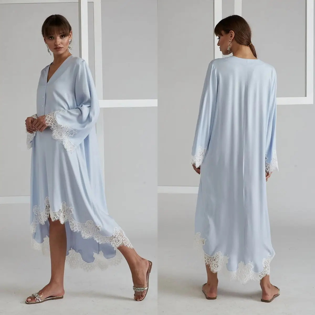 

Sky Blue Women Sleepwear Lace Edge Bathrobe Hi-Lo Dressing Gown Babydoll Tulle Lingerie Bath Robe Simple Custom Made