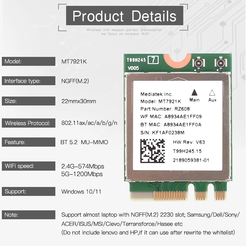 1800Mbps Mt7921k M.2 Ngff Wifi Placa De Rede Bluetooth 5.2 Wifi 6e Adaptador Sem Fio Banda Dupla MU-MIMO 802.11ax windows 10 11