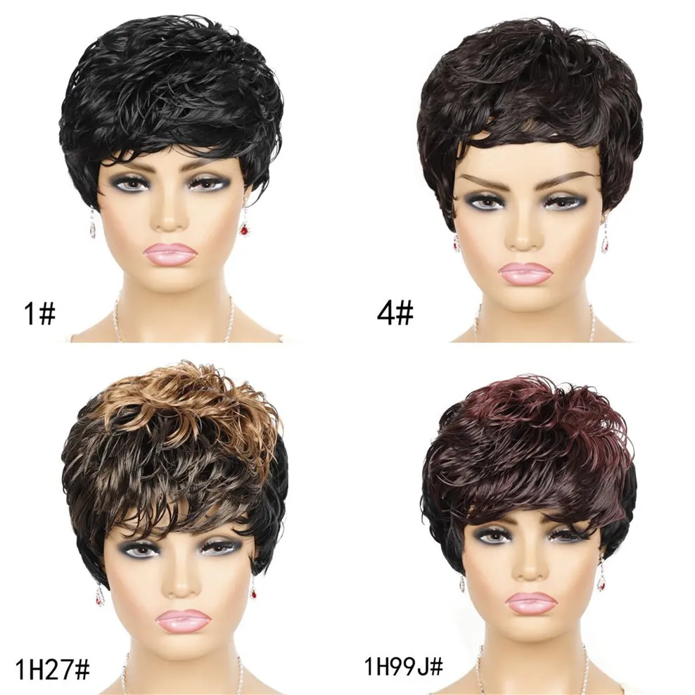 OUCEY Synthetic Hair Wigs For Women Short Wigs Women Natural Wavy Black Brown Wig Female Pixie Cut Curly Wigs With Bangs