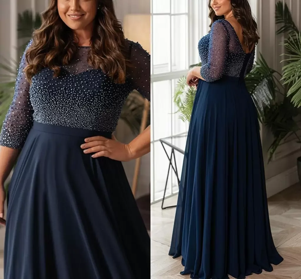 Gaun Malam Sifon Biru Gaun Pesta Bermanik Mutiara Lengan Panjang A Line Leher Bateau Gaun Formal Panjang Selantai Vestidos De Fiesta