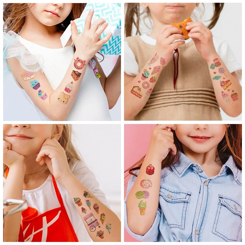 10 Kinds Glitter Powder Temporary Tattoos Cartoon Ice Cream Candy Cakes Kids Fake Tattoo Sticker Cute Party Makeup Tools