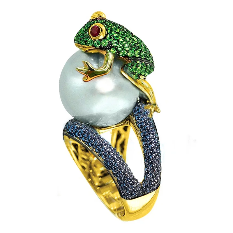 Huitan Cute Animal Ring Jumping Frog Shaped Fancy Rings Birthday Gift For Women Rough Surface With Simulated Pearl Ring