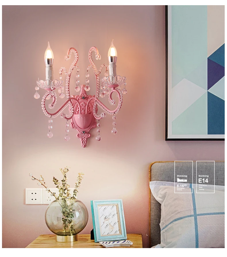 Korean Princess Room Wall Lamp European Pink Bedroom Bedside Girl Child Room Crystal Lamps