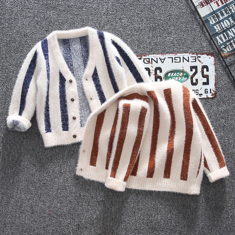 

Children's Casaul Sweater Baby Kids Knitted Cardigan Coat Spring And Autumn New Boys Mink Velvet Striped Sweaters Clothes B241