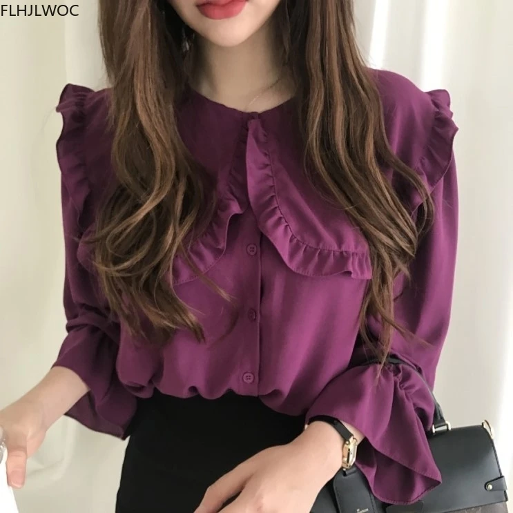 Chic Korea Fashion Women Flare Sleeve Cute Sweet Peter Pan Collar Tops Solid Single Breasted Button Shirts