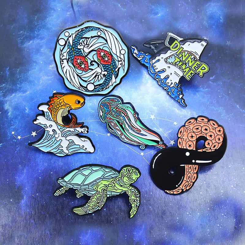 Ocean Animal Biology Brooches Shark Turtle Jellyfish Fish Goldfish Octopus Whale Enamel Pin Sea Brooch Badge Jewelry for Kids