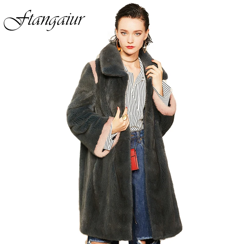 

Ftangaiur Winter Import Velvet Mink Fur Coat Striped Turn-Down Collar Mink Coat Women Long Natural Real Mink Fur Coats