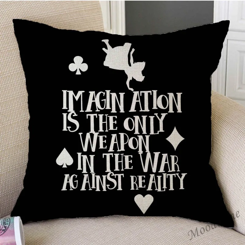 Nordic Classic Quotes From Alice Wonderland Black White Print Sofa Throw Pillow Cover Rabbit Fairy Tale Children Cushion Cover