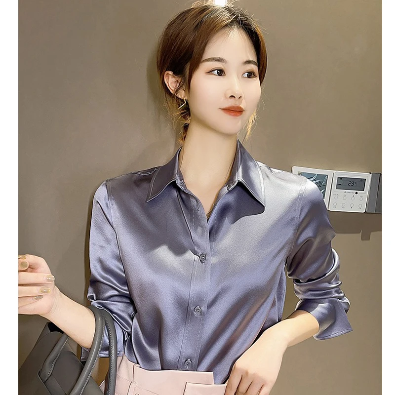 

Women's Sexy Satin Silk Blouses, Turn Down Collar, Solid Color, Cute, Elegant, Luxury, Office Lady Party