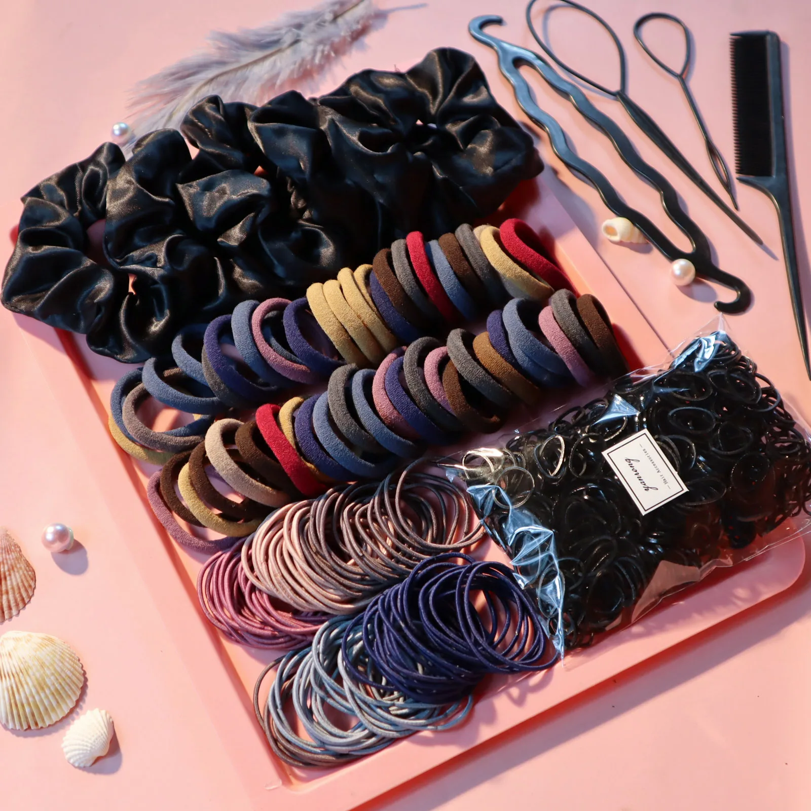 755PCS Hair Accessories for Woman Set Seamless Ponytail Holders Variety Hair Scrunchies HairBands Free 4 PCS of Hairpin tool