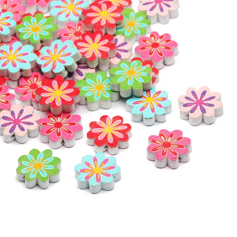 20pcs Cartoons Wood Spacer Flower Beads Round Natural Wooden Beads For Jewelry Making Diy Bracelet Necklace Rattle Finding