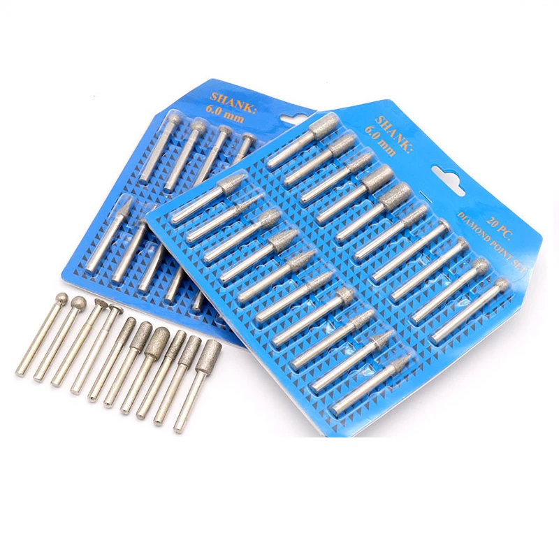 20PCS 6mm Diamond Point Burr Bits Head Dremel Accessories Shank Grinding Needle Carving Polishing Set Mounted Mini Drill Tools