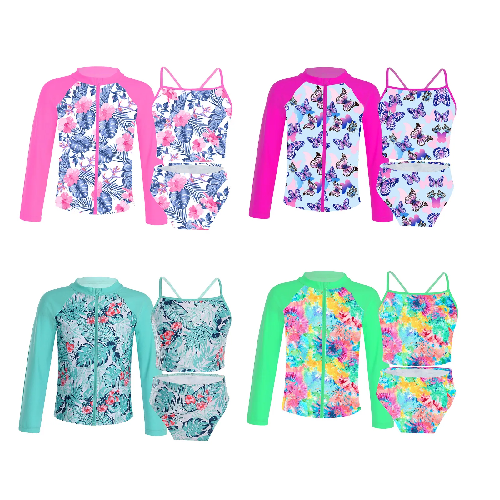 4-16Y 3Pcs Swimsuit Kids Girls Floral Print Swimsuit Sleeveless Tops with Briefs and Coat Set Teen Beach Swimwear Bathing Suits