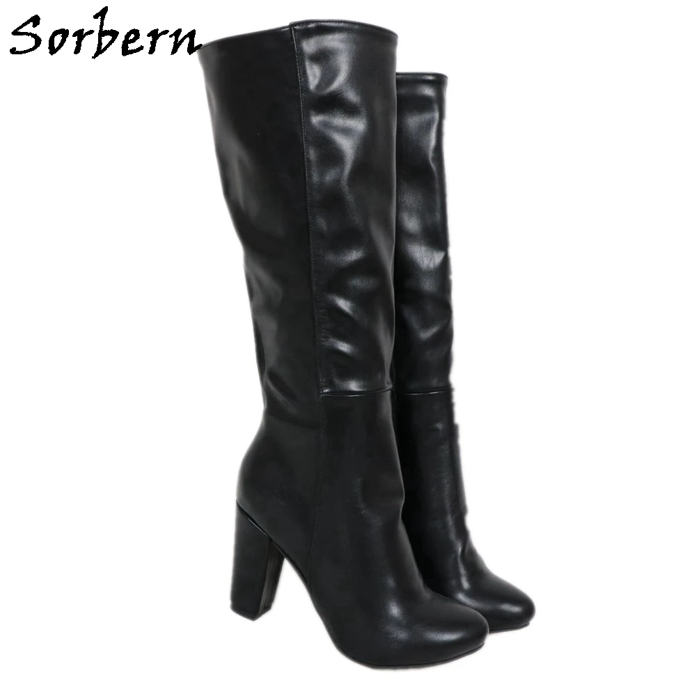 Sorbern stivali alti al ginocchio neri da donna tacchi quadrati punta tonda Botas Mujer 2019 stivali con mezza cerniera stivali Color Cutsom