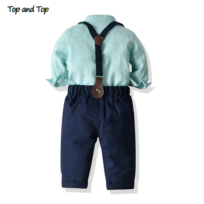 Top und Top-Mode Kinder Jungen Kleidung Set Gestreiften Fliege Shirts + Hosenträger Hosen Gentleman 2Pcs Anzüge Kinder Jungen kleidung