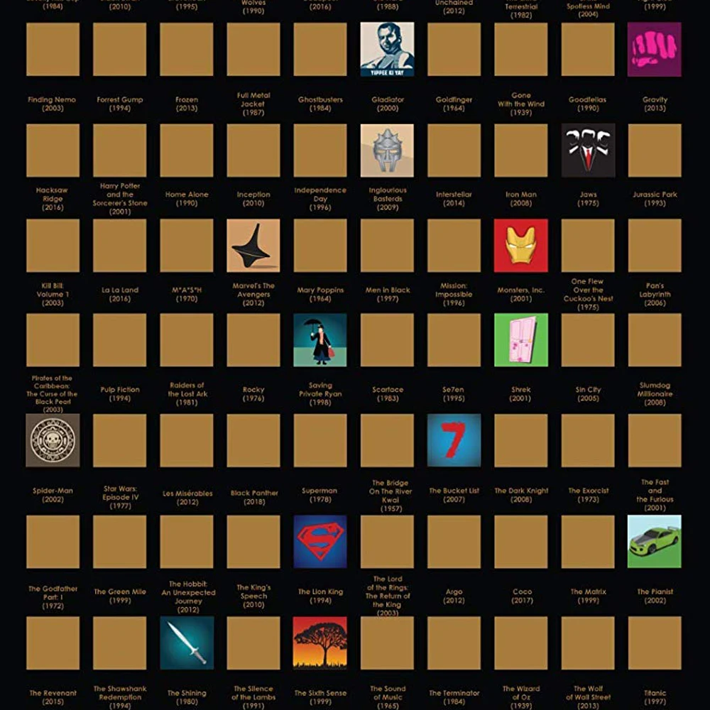 Scratch Off Poster, 100 Must-See Top Films, All Time Bucket List, 16.5x23.4"