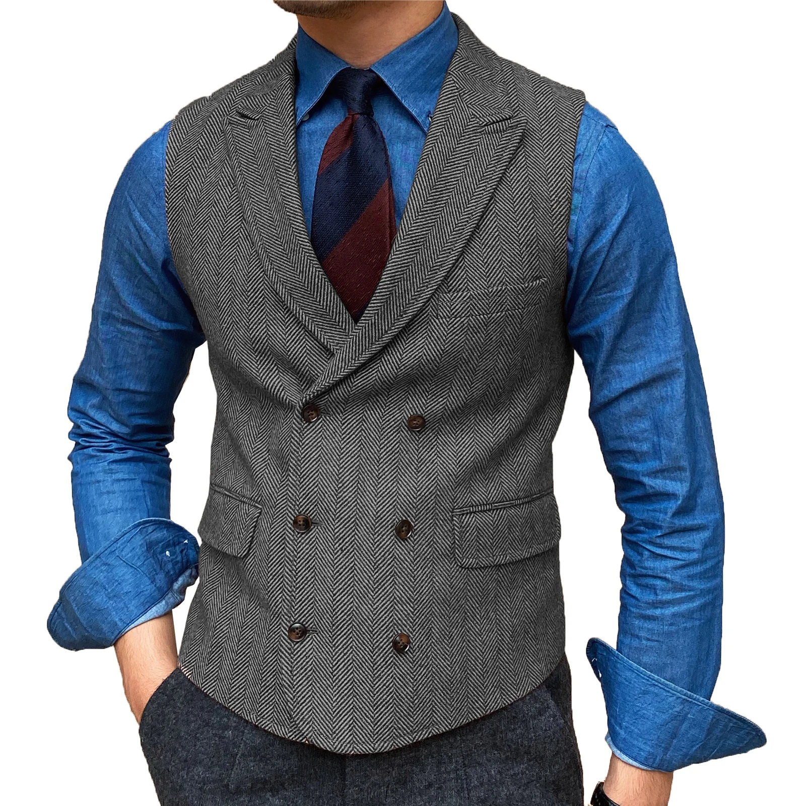 Mens Waistcoat Lapel Neck Wool Brown Retro Waistcoat Casual Formal Pocket Business Slim Fit Vest Groomman For Wedding Working