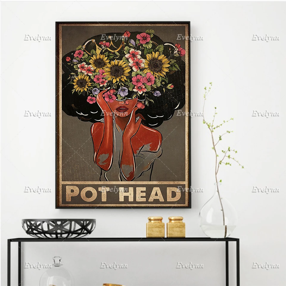 Afro Black Girl And Sunflower Retro Poster Pot Head Poster Wall Art Prints Home Decor Canvas Unique Gift Floating Frame