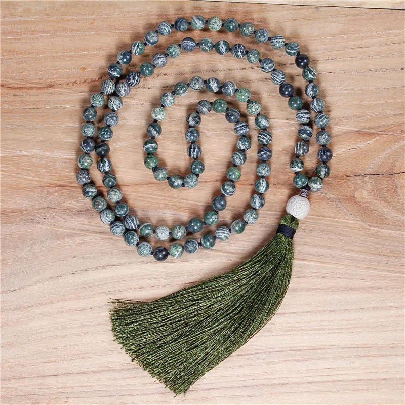 

BOHO Long Tassel Necklace 108 Mala Necklace Green Zebra Jaspers Beaded Necklace Yoga Handmade Jewelry Wholesale Dropshipping