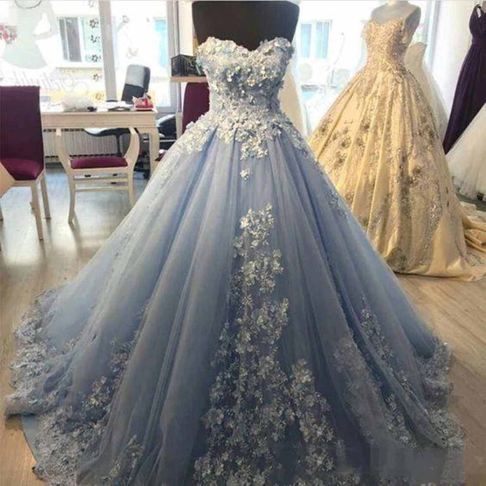 Light Blue Ball ชุดราตรีชุดเดรส 3D ดอกไม้ Applique Plus ขนาดพรหมชุดหวาน 16 ชุด Sweetheart Tulle ชุด