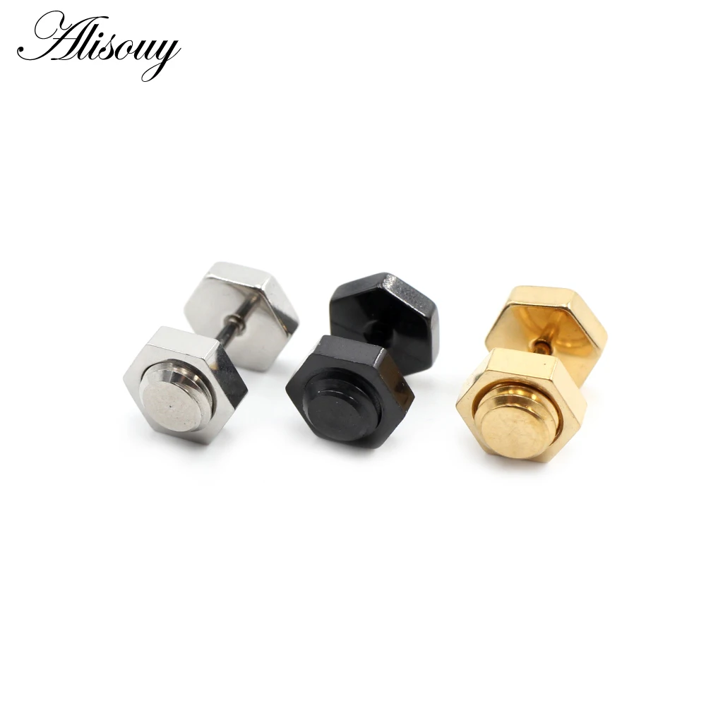 Alisouy 2pcs New Unisex Gothic Punk Rock Stainless Steel Hexagon Nail Screw Women Men Ear Stud Earrings Piercing Body Jewelry