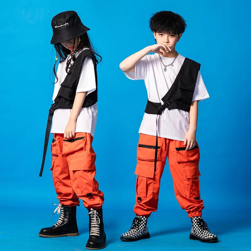 Boys Hip Hop Vest Girls Orange Cargo Pant Outfit Child T-shirt Chest Bag Joggers Street Dance Kids Streetwear Costume Sportwear