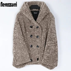 Nerazzurri Winter Soft Warm Faux Fur Coat Women with Hood Raglan Sleeve Double Breasted Karakul Lamb Fur Jacket Women 2021 7xl