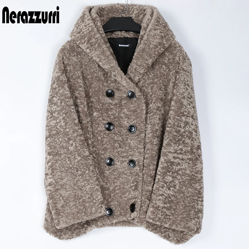 Nerazzurri Winter Soft Warm Faux Fur Coat Women with Hood Raglan Sleeve Double Breasted Karakul Lamb Fur Jacket Women 2021 7xl