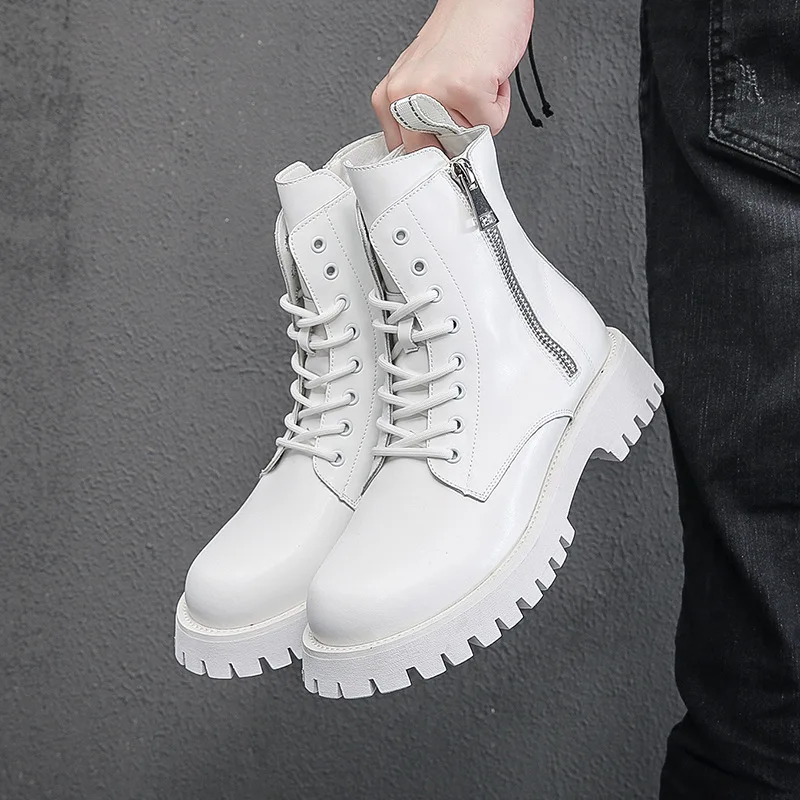 Korean style mens fashion motorcycle boots black white winter shoes warm cotton snow boot genuine leather platform high botas