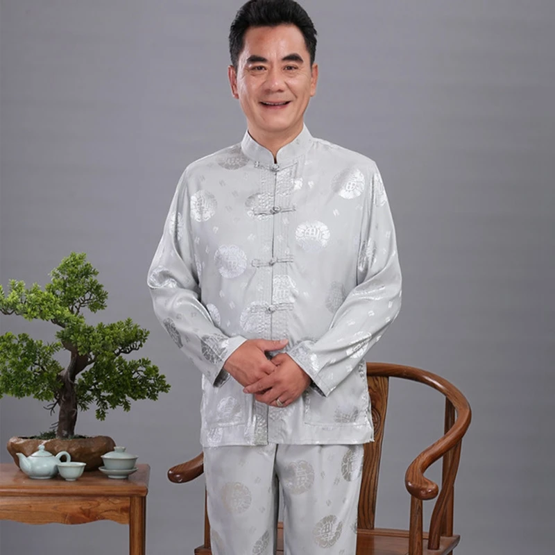 Men's Suit Satin Kung Fu Suit Chinese Designer Wu Shu Uniform Tai Chi Clothing Long Sleeve Shirt+Long Pant Sets Novelty Clothes