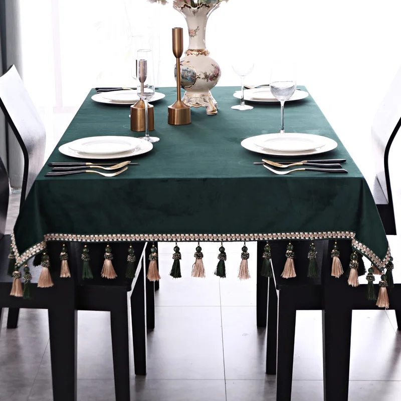 Vintage Solid Green Rectangular Tablecloth for Table Velvet Dining Party Square Table Cover Tassel Soft Brief Table Cloth