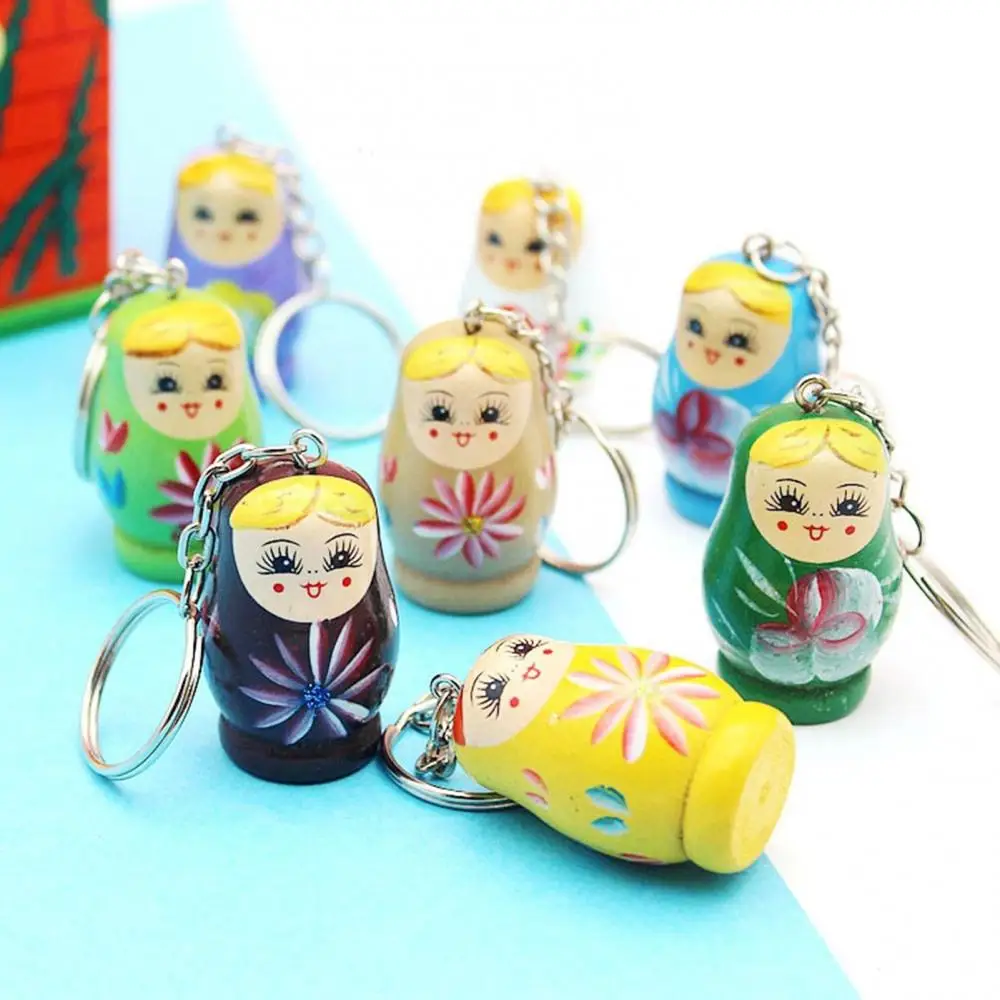 3Pcs Wood Flower Girl Painted Doll Design Matryoshka Keychain Bag Decor Pendant