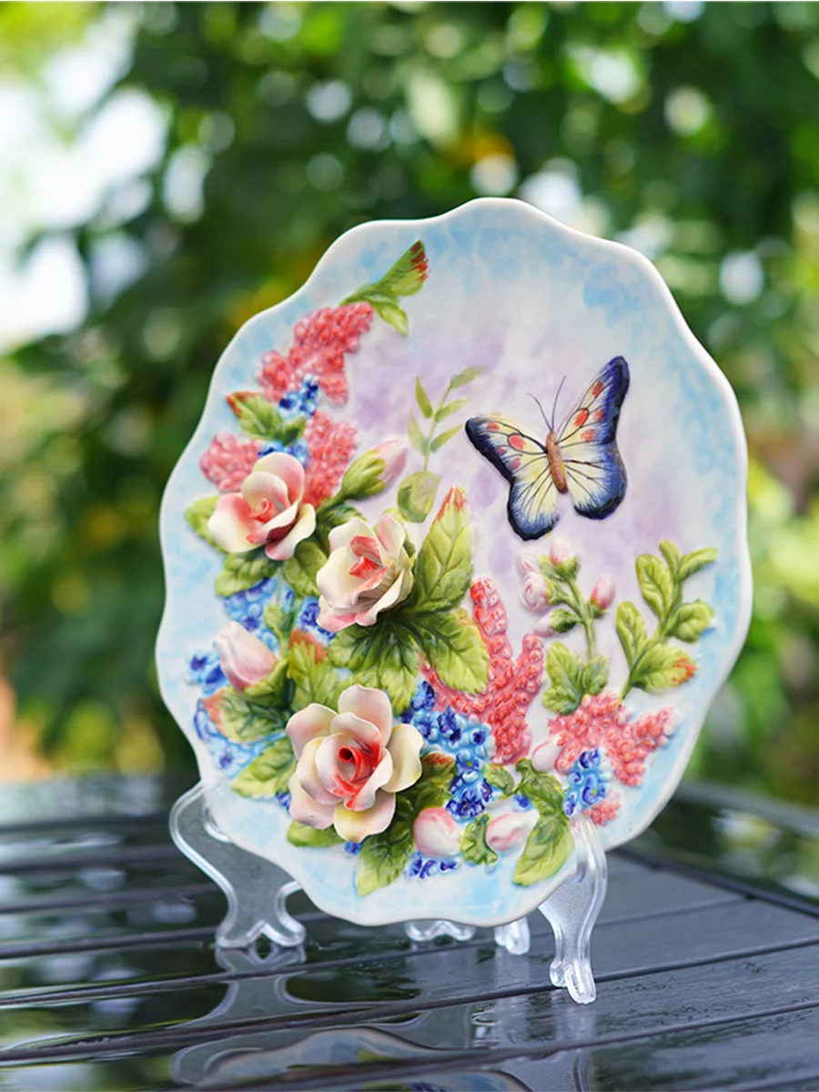 Porcelain hanging plate American Rural decoration plate European plate decoration sitting plate ceramic rose butterfly plate