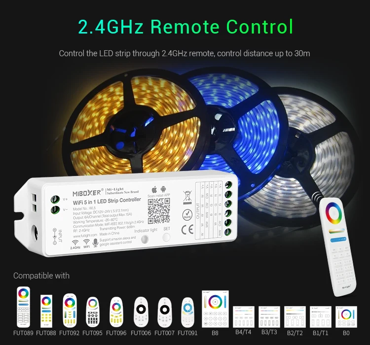 MiBoxer WL5  2.4G  5 IN 1 WiFi LED Controller For Single color  CCT RGB RGBW RGB+CCT Led Strip；Support Alexa Voice