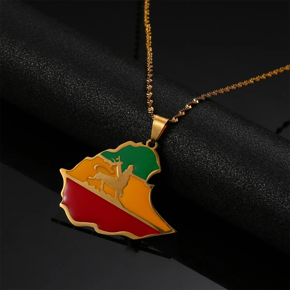 Stainless Steel Ethiopian Flag Lion Map Pendant Necklace Women Men Trendy Ethiopia Lion Chain Jewelry