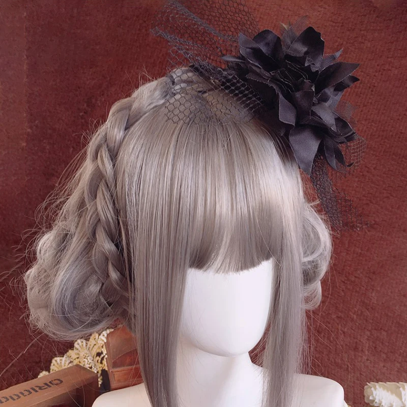 Gothic lolita headdress black flower feather small top hat hairpin side clip hair Punk accessories