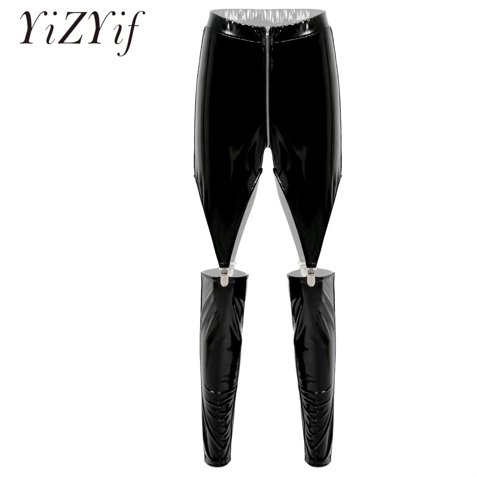 

Womens Ladies Skinny Zipper Crotch Cutout Elastic Waistband Trousers Fashion Hollow Out Patent Leather Pants Sexy Clubwear