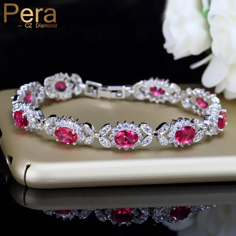 Pera Sweet 8 Color Options Fashion Ladies Jewerly Hot Pink Red Cubic Zirconia Crystal Oval Flower Charm Bracelet for Gift B073