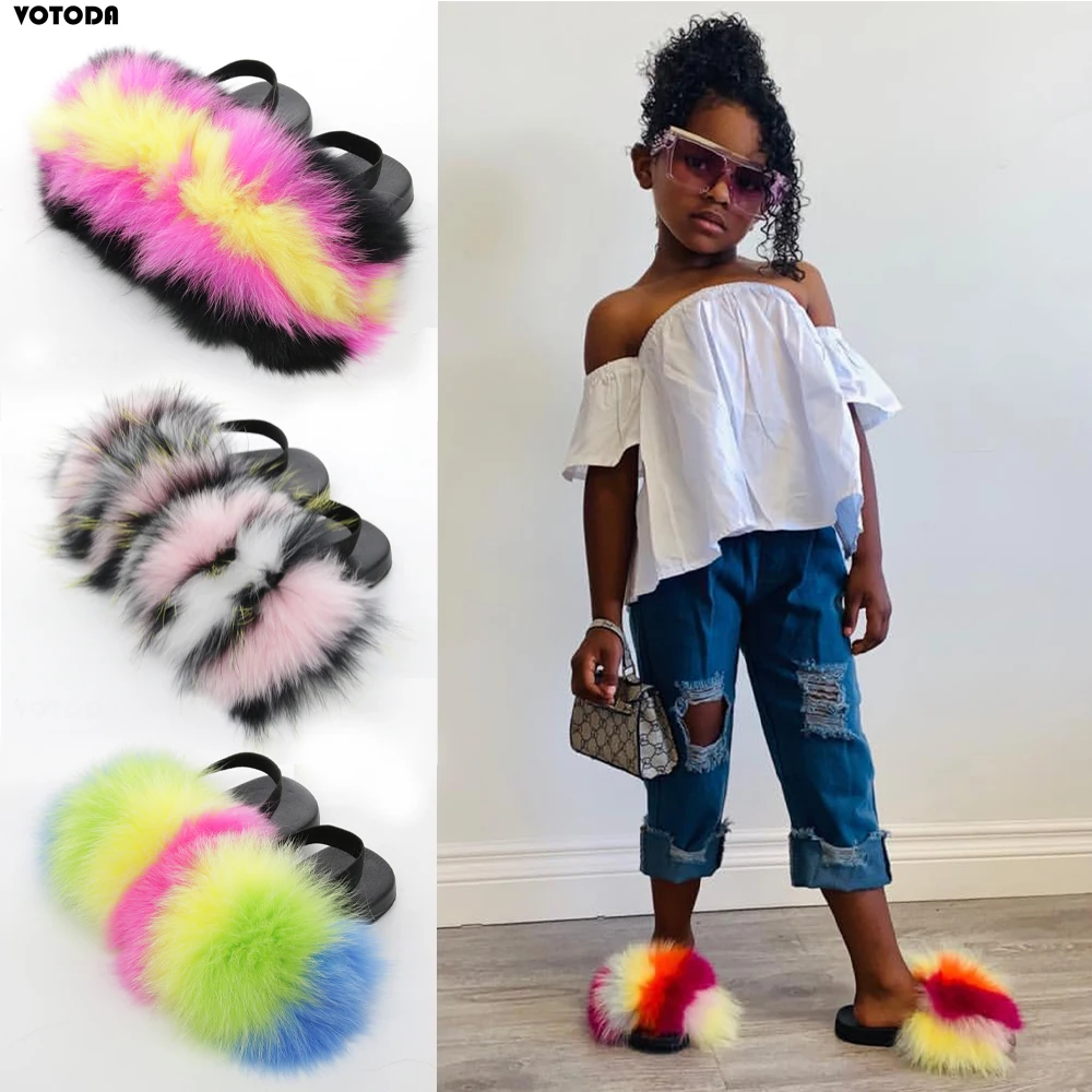 kids Raccoon Fur Slippers Children Strap Home Fluffy Plush Slides Elastic Band Flat Flip Flops girls indoor Casual Flat Sandals