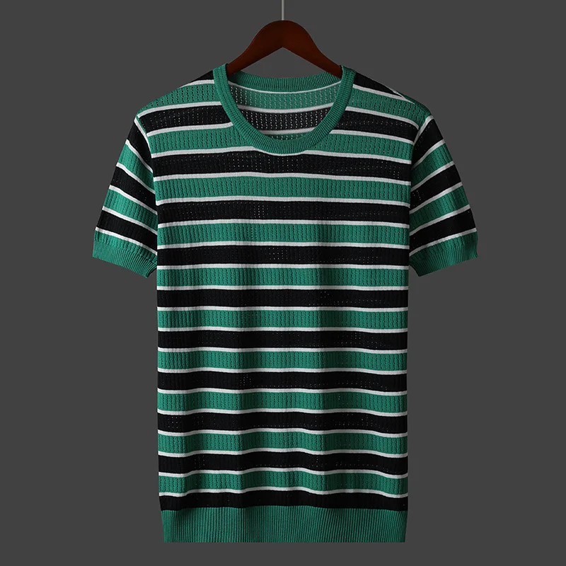 New Summer Male Slim Casual Tee Shirt Men Korean Fashion Striped Short Sleeve Tees Men O Neck Knitted Ice Silk T Shirt Top B16