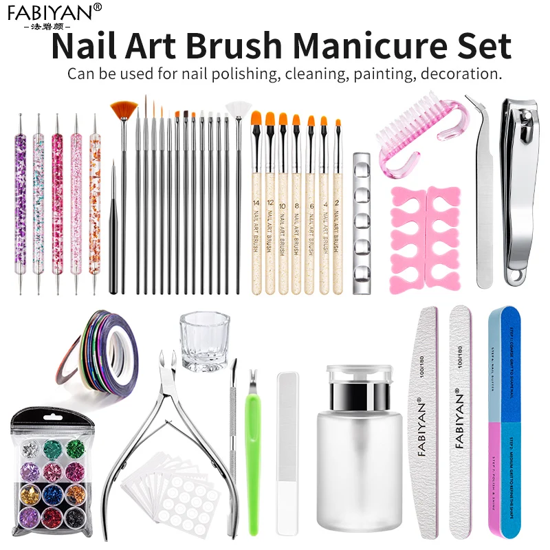 Nail Art Brush Set UV Gel Liner Painting Carving Rhinestone Dotting Pen Toe Separator Dust Brush Scissors File Manicure Kit